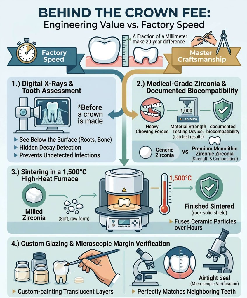 Infographic explaining what is included in zirconia crown fees, comparing factory production to master craftsmanship across four steps: digital X-rays, medical-grade zirconia, furnace sintering at 1,500°C, and custom hand glazing with microscopic margin verification.