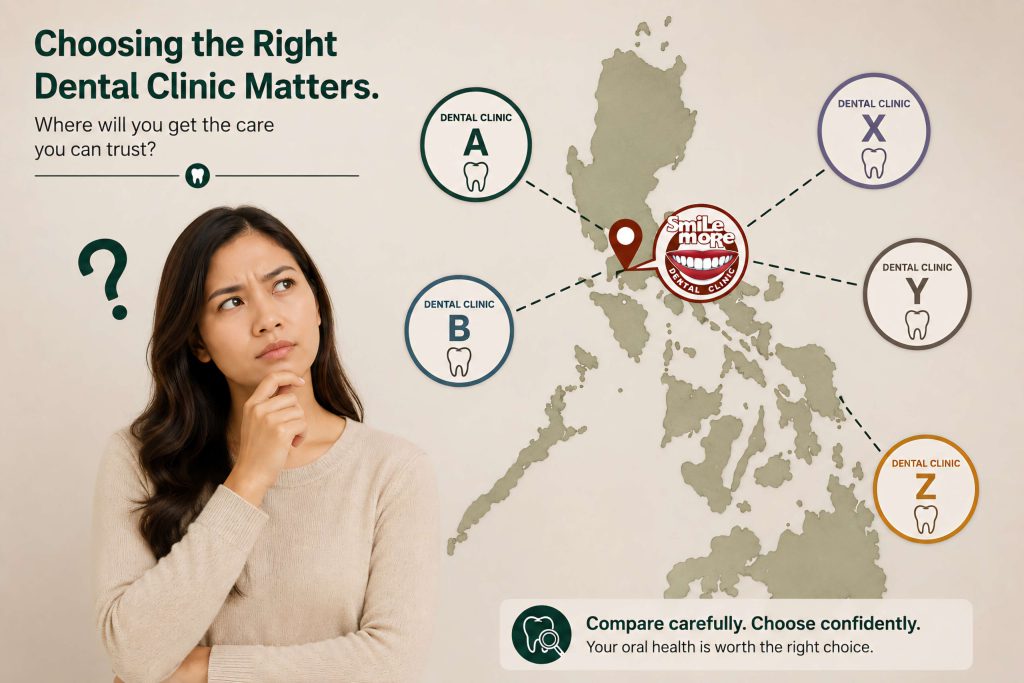 Woman comparing dental clinics in the Philippines before choosing the right clinic for her treatment needs