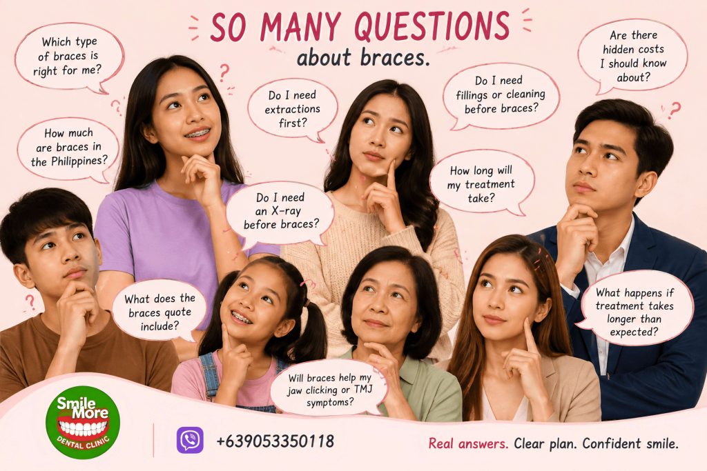 Patients of different ages asking questions about braces cost, treatment time, X-rays, extractions, and hidden fees in the Philippines
