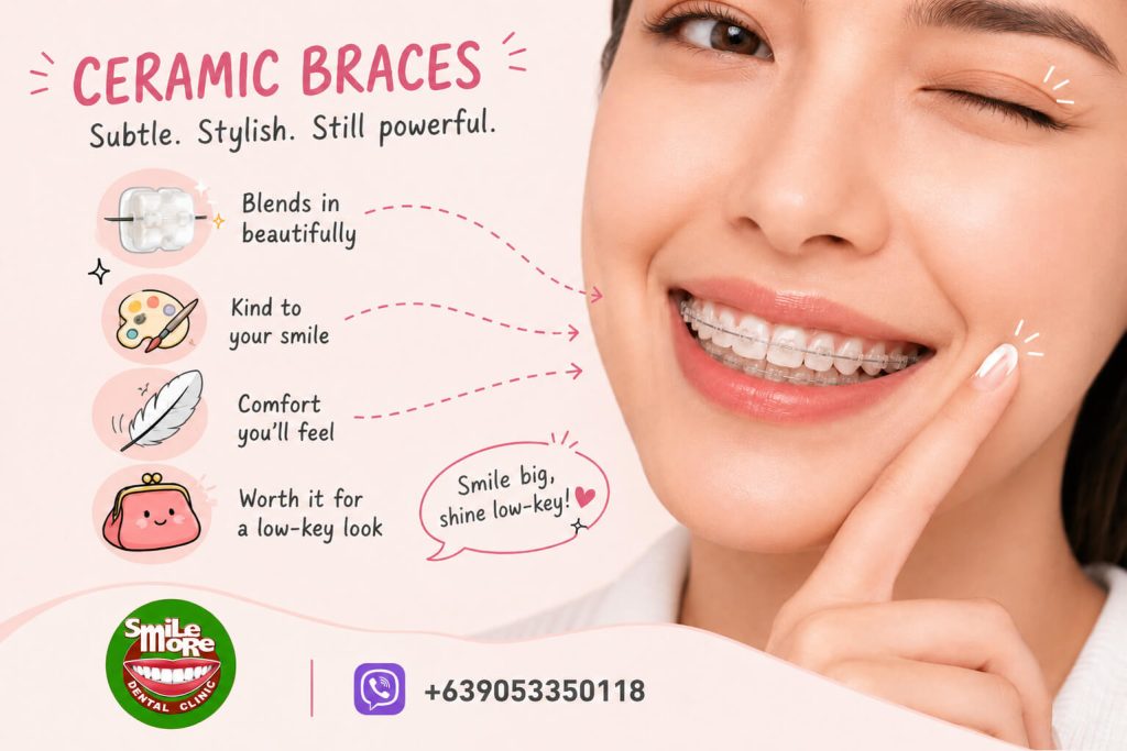 Woman smiling with tooth-colored ceramic braces at Smile More Dental Clinic in Manila