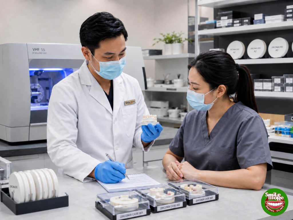 a dentist and lab. technician discusses the job order for fabrication of natural-looking zirconia crowns