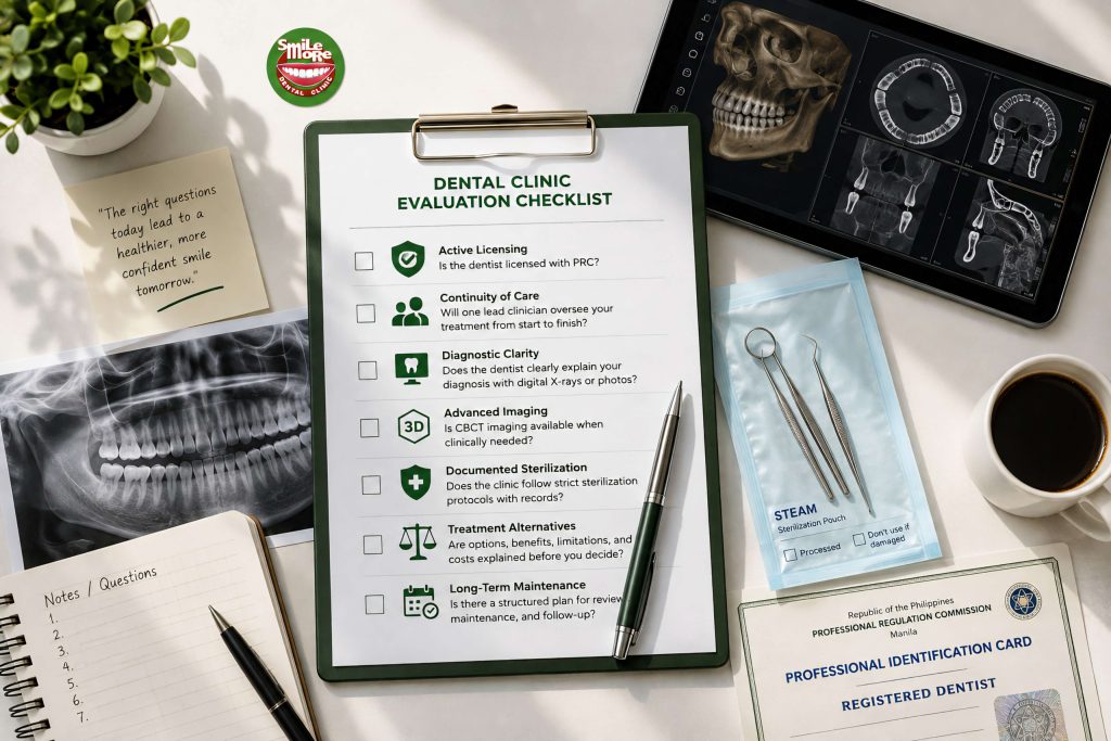 Dental clinic evaluation checklist with panoramic x-ray, CBCT scan, sterilized dental instruments, and treatment planning documents for comparing dental clinics in the Philippines