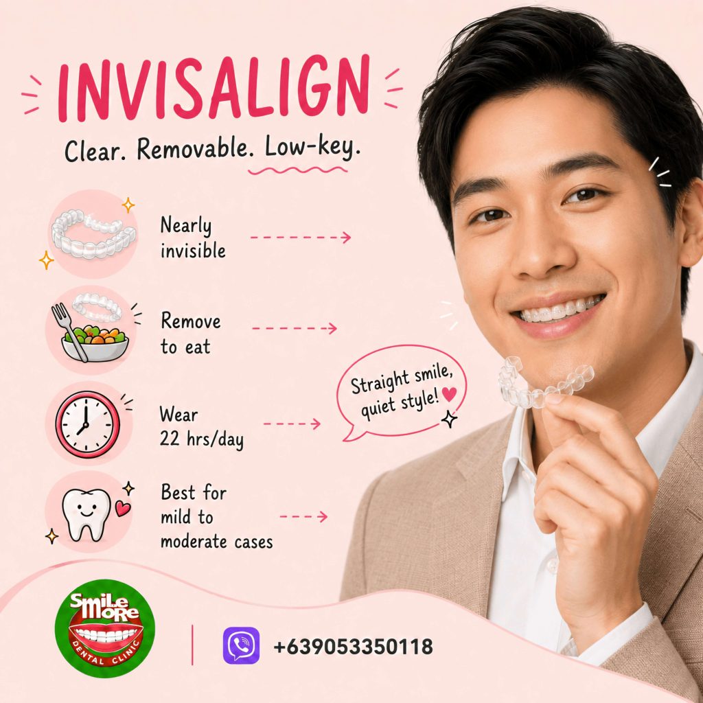 Young professional holding clear Invisalign aligners and smiling during orthodontic treatment in the Philippines
