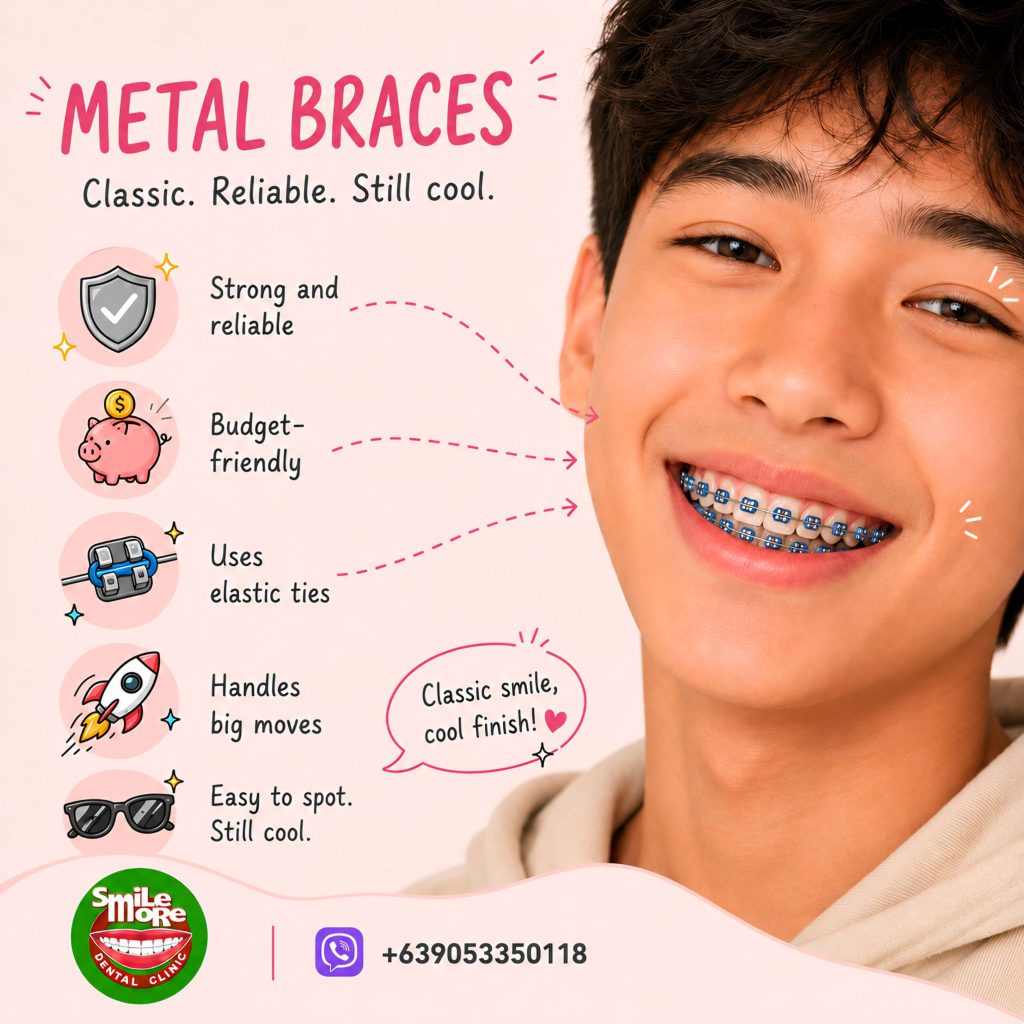 Teenage boy smiling with traditional metal braces in the Philippines