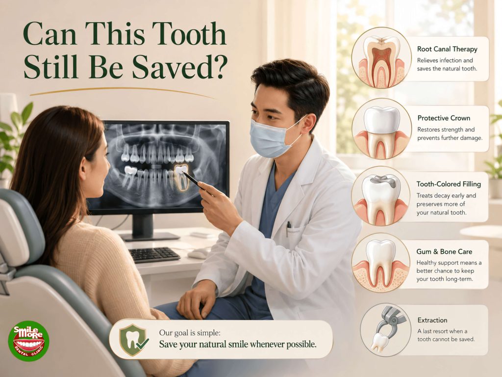 Dentist explaining tooth-saving options before extraction, including root canal treatment, a crown, filling, and gum care.