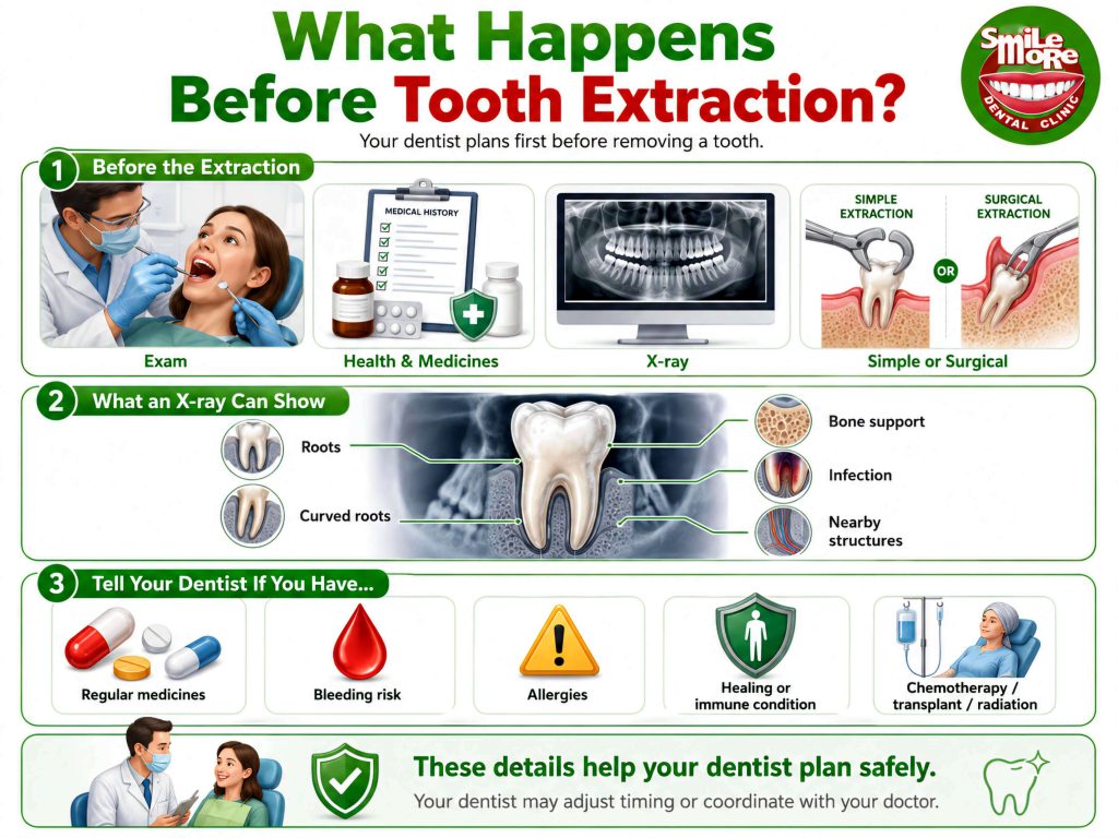 Infographic showing what happens before dental extraction, including check-up, medical history review, X-ray assessment, and extraction planning.