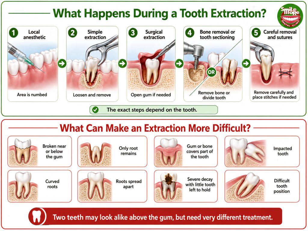 Infographic showing what happens during a tooth extraction, including local anesthetic, simple and surgical extraction steps, and factors that can make extraction more difficult.