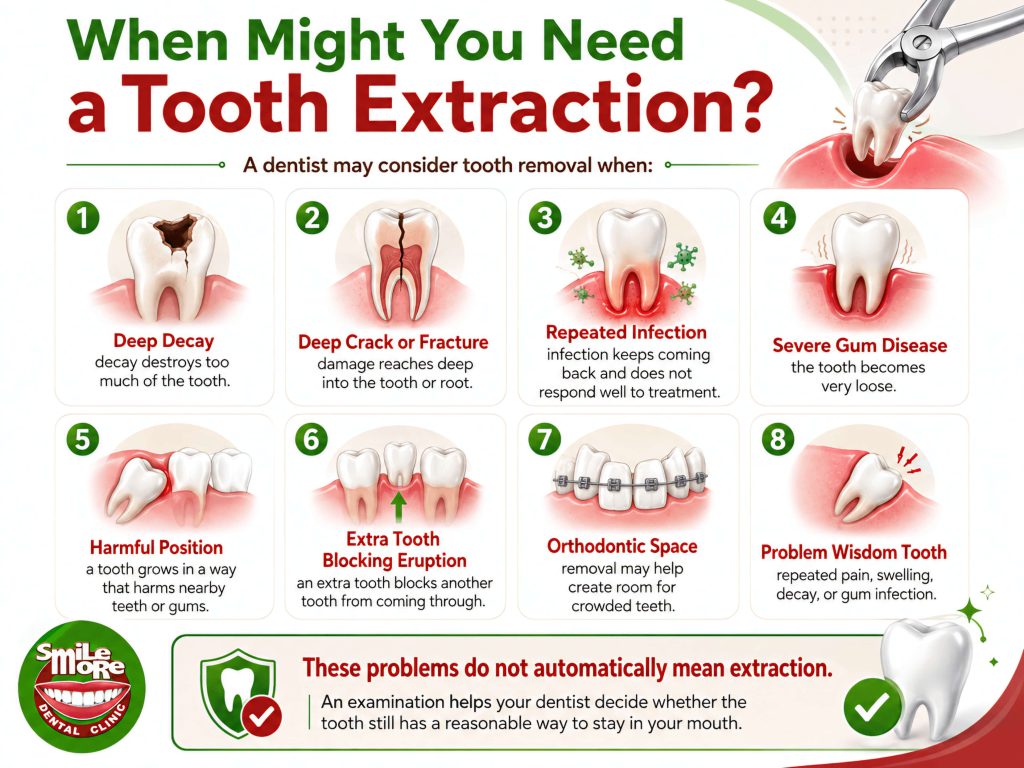 Infographic showing common reasons a dentist may consider tooth extraction, including deep decay, fractures, infection, gum disease, crowding, and wisdom tooth problems.