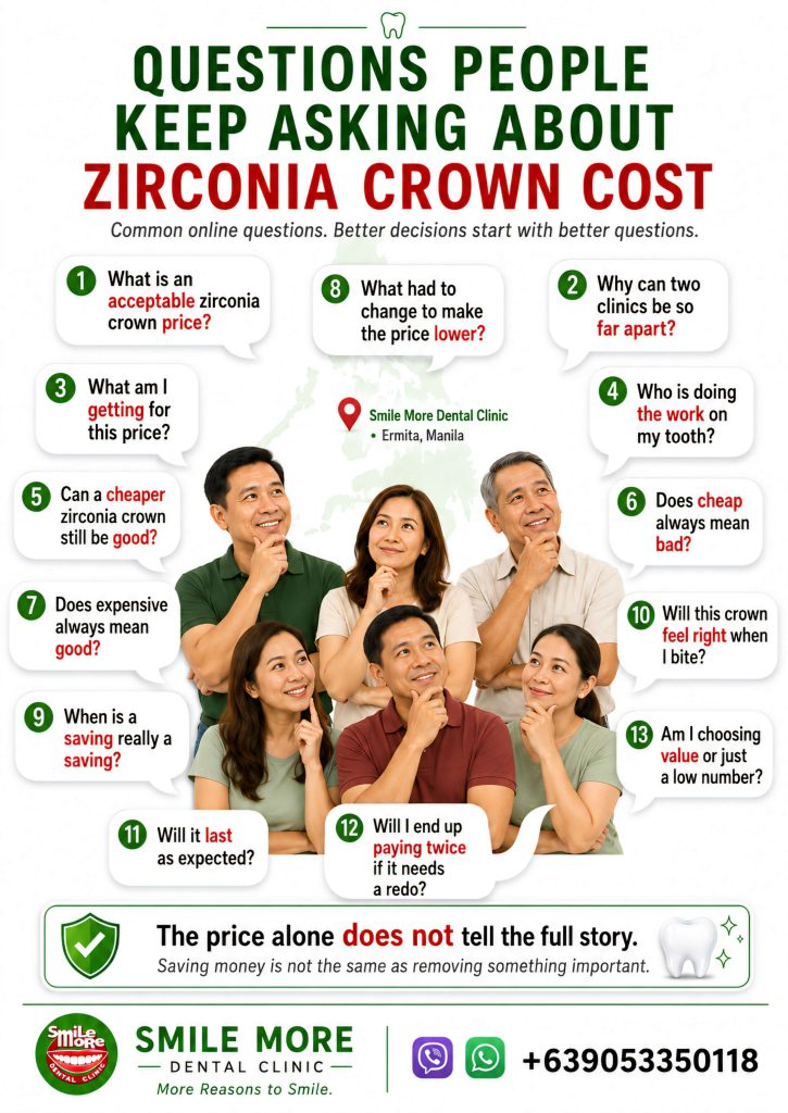 Filipino adults asking common questions about zirconia crown cost, quality, fit, and value, with Smile More Dental Clinic in Manila.
