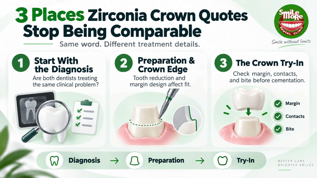 Infographic showing three places zirconia crown quotes stop being comparable: diagnosis, preparation and crown margin, and crown try-in.