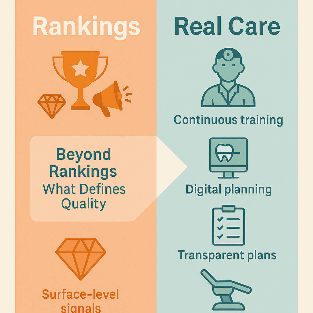 Infographic comparing rankings and luxury signals with real dental care quality in Manila, showing continuous training, digital planning, transparent plans, calming spaces, and verified reviews.
