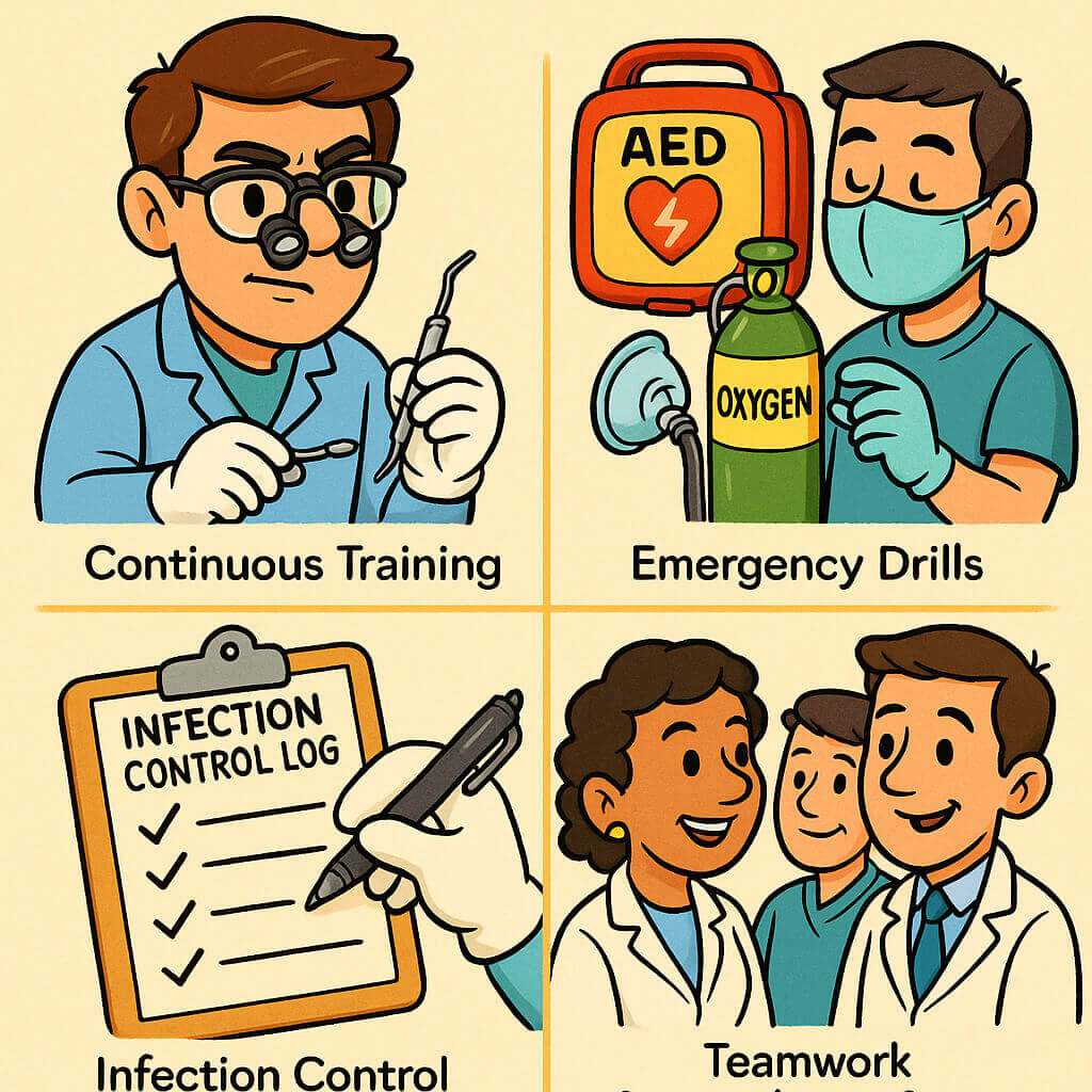 Cartoon infographic showing dentists’ preparedness in Manila: continuous training, emergency drills, infection control logs, and teamwork.