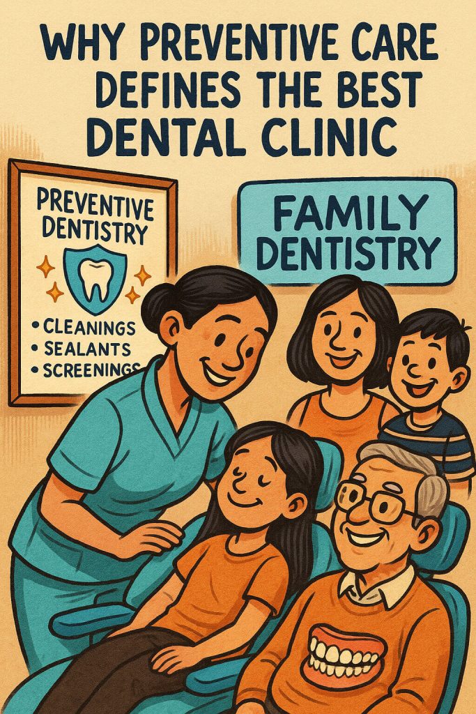 Cartoon illustration showing preventive dental care and family dentistry in Manila, with a dentist caring for children and seniors to highlight trust and continuity.